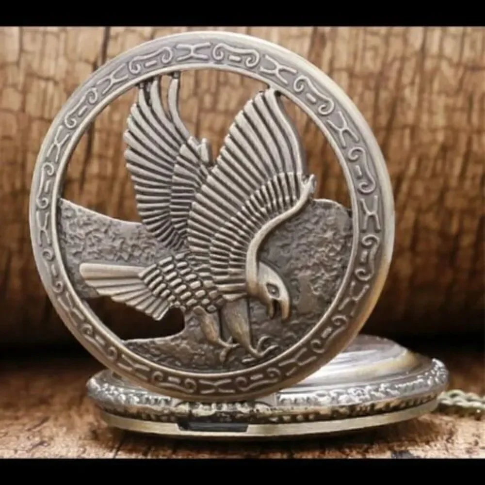 ANTIQUE BRONZE EAGLE LOCKET NECKLACE/POCKET QUARTZ WATCH